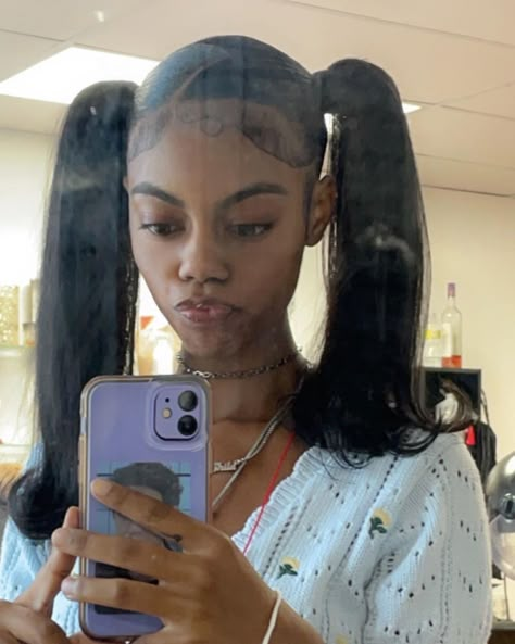 Bratz/ Barbie pigtail hairstyle Pigtails With Braiding Hair, 90s Pigtails Black Women, Fun Pigtails For Women, 2 Pigtails With Weave, Sleek Pigtails Black Women, Piggy Tails Hairstyles Women, Pig Tails Black Women, Pigtails Weave, Two Pigtails Hairstyles For Black Women