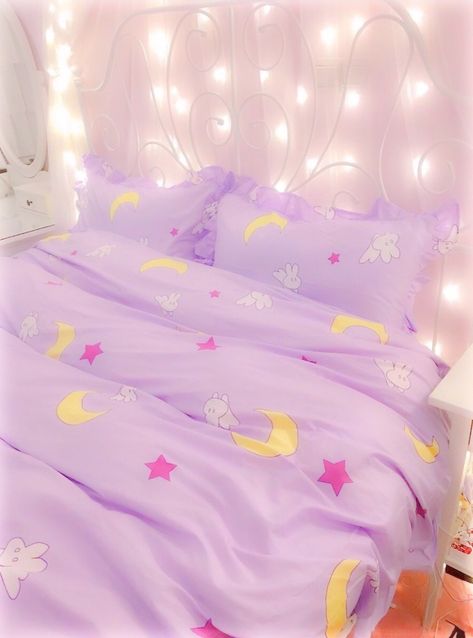 Kawaii Bed Rooms Ideas, Sailor Moon Bedroom, Sailor Moon Decor, Kawaii Bedding, Cat Room Decor, Kawaii Room Ideas, Bedroom Vibes, Cama Individual, Puppy Time