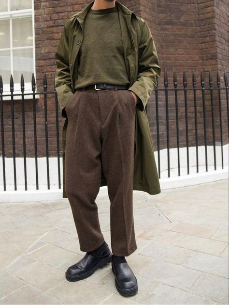 Green And Brown Outfit Men, Olive Green And Brown Outfit, Brown Outfit Men, Earth Tone Outfits Men, Green And Brown Outfit, Queer Fashion Guys, Green Coat Outfit, Fashion Guys, Guys Style