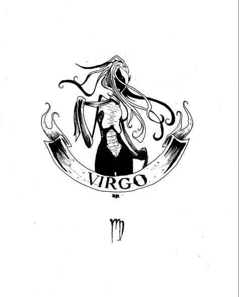 Gothic Virgo Tattoo, Virgo Zodiac Drawing, Virgo Line Art, Virgo Drawing, Line Art Tattoo Design, Art Tattoo Design, Art Deco Tattoo, Line Art Tattoo, Virgo Art