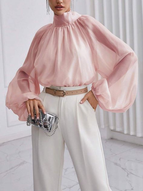 Dusty Pink Outfit, Dusty Pink Outfits, Organza Dresses, Puff Long Sleeve Top, Tie Neck Shirt, Puff Long Sleeves, Women Blouses, Tops Fall, Lantern Sleeve