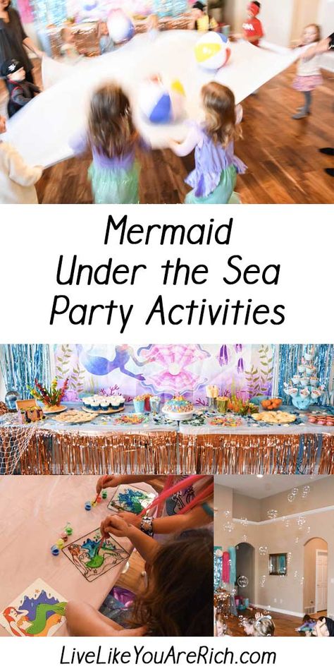 Mermaid Under the Sea Party Activities. #livelikeyouarerich #party #partyideas #activities #mermaid #mermaidbirthday #underthesea Mermaid Party Entertainment, Mermaid Themed Activities, Games For Mermaid Birthday Party, Ariel Birthday Party Activities, Under The Sea Scavenger Hunt, Pin The Tail On The Mermaid, Mermaid Party Activities For Kids, Mermaid Games, Mermaid Birthday Activities