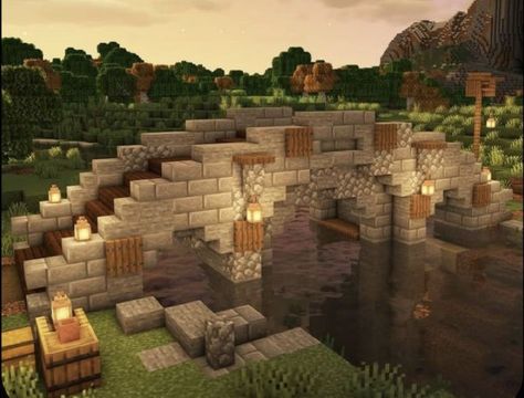 Minecraft Bridge Inspiration, Bridges In Minecraft Ideas, Minecraft Village Bridge, Minecraft Moon Bridge, Minecraft Mining Town, Wheat Farms Minecraft, Minecraft Medieval Bridge Ideas, Cute Village Minecraft, Mc Bridge Ideas