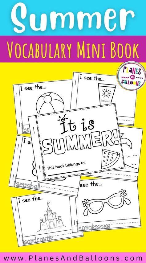 Free printable summer preschool activities for kids! Make this fun summer mini book to build summer vocabulary. Summer writing booklet for emergent readers. Easy reader book for summer theme in preschool and kindergarte. Summer Vocabulary For Kids, Summer Printables Free Preschool, Preschool Summer Theme, Summer Worksheets For Preschool, Vacation Activities For Kids, Summer Theme Preschool, Summer Worksheets For Kids, Summer School Worksheets, Summer Vocabulary