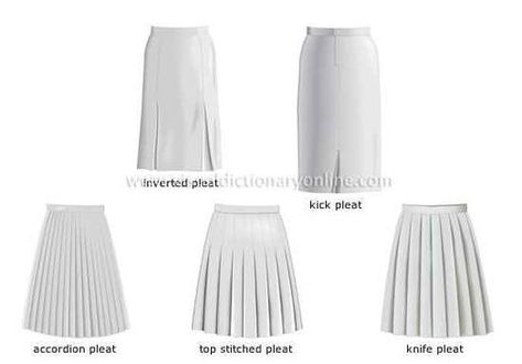 Different types of pleated skirts Different Types Of Pleats, Types Of Pleats, Pleated Skirt Pattern, Pleats Fashion, Pola Rok, Fashion Terminology, Knife Pleated Skirt, Bouchra Jarrar, Pleats Skirt