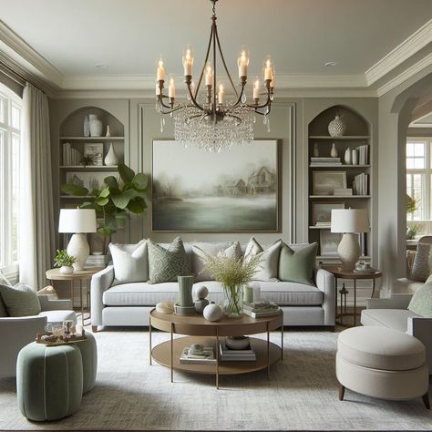 15 Stunning Grey and Sage Green Living Room Ideas — Lord Decor Olive Green Beige Living Room, Sage Living Room Accents, How To Style A Grey Couch, Living Room Designs Sage Green, Grey And Sage Living Room, Green Media Room, Sage And Grey Living Room, White Transitional Living Room, Grey And Green Living Room Ideas