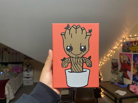 Groot Acrylic Painting, Groot Painting Canvas, Easy Character Paintings, Cartoon Characters High Paintings, Character Paintings On Canvas, Groot Painting, Groot Cartoon, Party Painting, Grey Painting