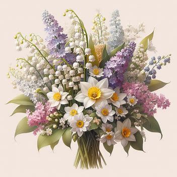 bouquet of lily of the valley, daffodils, lilacs and daisies - Image Creator from Microsoft Designer Daffodil And Lily Of The Valley Bouquet, Bouquet With Lily Of The Valley, Wedding Bouquets Daffodils, Lilies Of The Valley Bouquet, Daffodil And Lavender Bouquet, Lily Of The Valley Flower Arrangements, Lily If The Valley Bouquet, Wedding Bouquet Daffodil, Lily Of The Valley And Rose Bouquet