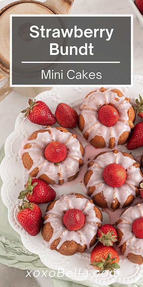 Mini Strawberry Bundt Cakes | xoxoBella Valentines Day Mini Bundt Cakes, Mothers Day Bundt Cake, Mini Bundt Pan Ideas, Mini Strawberry Bundt Cake Recipes, Small Bunt Cake Recipes Easy, Mini Strawberry Cakes, Nothing Bundt Cakes Recipe Copycat Strawberry And Cream, Strawberry Cupcake Cake, Bundtinis Recipe