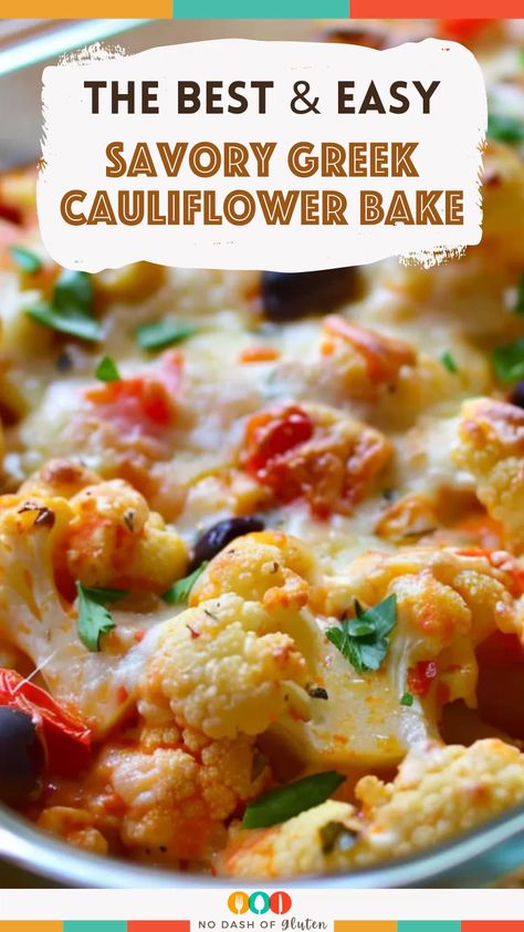 This Savory Greek Cauliflower Bake is loaded with tender cauliflower, juicy cherry tomatoes, olives, and a blend of feta, mozzarella, and parmesan. It’s a comforting, cheesy dish with a Greek twist that’s perfect as a main or side. Try it tonight! Save this recipe for a flavor-packed dinner idea! Baked Feta And Cauliflower, Greek Cauliflower, Best Spaghetti Recipe, Cheesy Cauliflower Bake, Cauliflower Bake, Gluten Free Travel, Gluten Free Sides Dishes, Baked Tomatoes, Dessert Smoothie