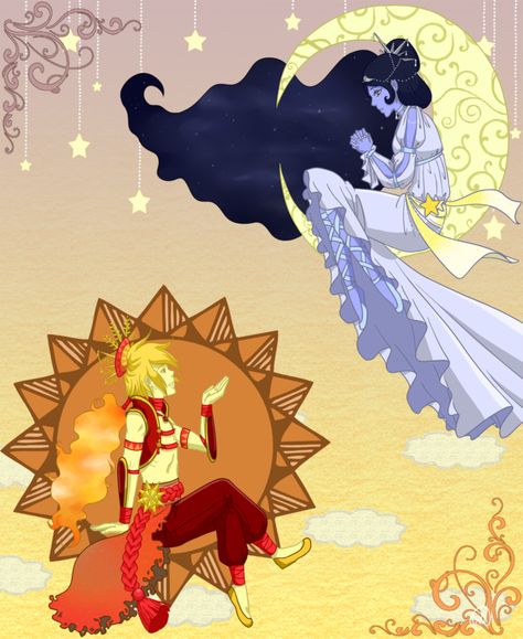 Sun And Moon As Humans Art, Moon People Art, Sun And Moon Couple Dynamic, Sun And Moon As People Art, Sun And Moon People Drawing, Sun And Moon Drawing People, Sun And Moon As People, Sun God And Moon Goddess, Sun And Moon Character Design