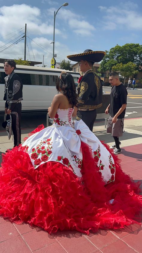 Red Charro Dama Dresses, Mexican Flag Quince Dress, Ranchero Quince Dresses, Red And White Charro Quinceanera Dress, Red Charro Quinceanera Theme Decorations, Charo Quince Dresses, Red Charro Quince, Charro Quince Theme, Traditional Quinceanera Dresses Mexican