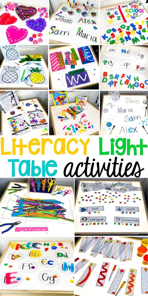 Literacy Light Table Ideas for Preschool, Pre-k, & Kindergarten 32 Easy Preschool Table Activities, Literacy Ideas Eyfs, Literacy Table Top Activities, Pre K Art Center Ideas, Table Top Activities For Kindergarten, Light Table Ideas For Preschoolers, Preschool Literacy Activities, Preschool Experiences, Kindergarten Invitations