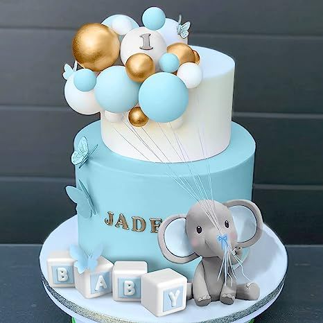 Elephant Theme Birthday Cake, Blue And White 1st Birthday Cake, Cakes For 1st Birthday Boy, Baby Boys Birthday Themes, Tort Baby Shower Boy, Elephant Baby Shower Cake Boy, Cake For 1st Birthday Boy, Birthday Cakes For Baby Boy, 1st Birthday Cake Ideas For Boys