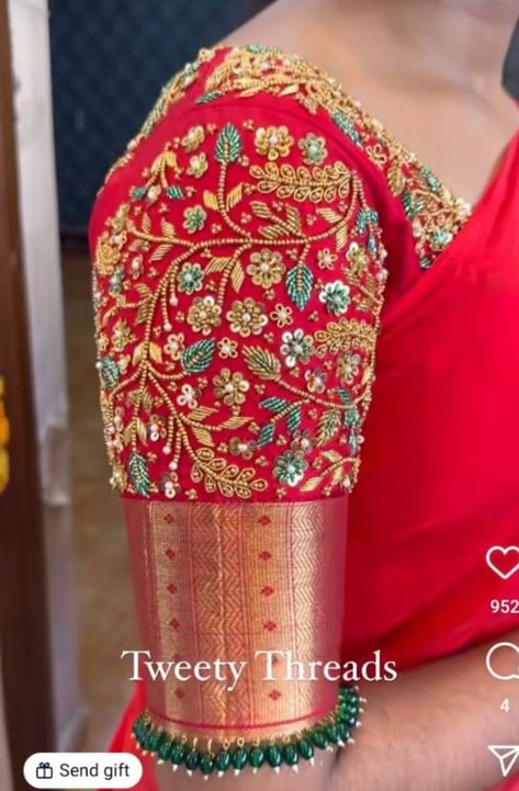 Silk Blouse Stitching Designs, Hand Maggam Designs For Blouses, Zardosi Blouse Design, Marriage Saree Blouse Designs, Bridal Wedding Blouse Design, Maggam Blouses Latest, Marriage Aari Work Blouse Design, Red Saree Green Blouse Bridal, Bridal Blouses Designs Heavy Work