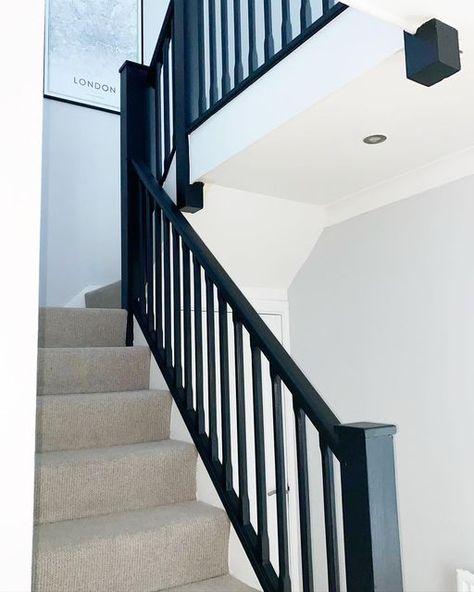 Black Staircase Banisters, White Hall Black Banister, Farrow And Ball Bannister, Railings Stairs Farrow And Ball, White Stairs Black Banister, Black Stairs Banister, Black Painted Banister Stairways, Grey Stairs Black Railing, Hallway With Black Banister