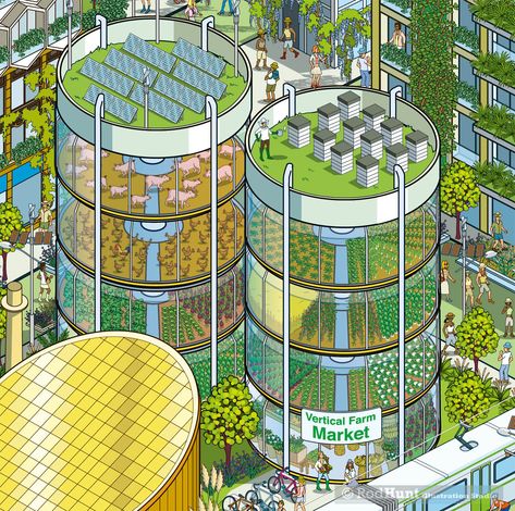 Future Farming Concept, Green Building Illustration, Sustainable Illustration Design, Futuristic Farming, Sustainable City Urban Planning, Vertical Farming Architecture, Solar Farming, Future Green City, Green City Illustration