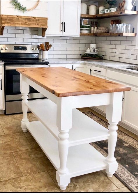 Farmhouse Island With 2 Shelves | Etsy Narrow Kitchen Island, Farmhouse Island, 17 Feb, Kitchen Island Plans, Kitchen Updates, Mobile Kitchen, Minwax Stain, Narrow Kitchen, Country Kitchens