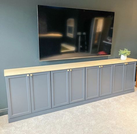 Basement Wall Cabinets, Cabinet Under Tv On Wall, Built In Cabinets Under Tv, Cabinets Under Tv, Sideboard With Shelves Above, Wall Cabinets As Base Cabinets, Decoration Living Room Ideas, Cozy Living Room Furniture, Organization Living Room