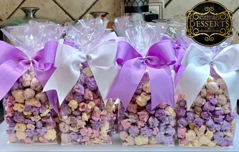 Purple Popcorn, Purple Candy Table, Purple Candy Bar, Purple Dessert Tables, White Dessert Tables, Lavender Dessert, Popcorn Wedding Favors, Purple Desserts, Lavender Candy