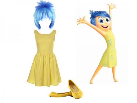 How to make a Joy from Inside Out costume Joy Halloween Costume Diy, Joy Inside Out Costume Diy, Dressing Up As Inside Out Characters, Diy Envy Costume Inside Out, Joy Hair Inside Out, Joy Halloween Costume, Joy Inside Out Costume Diy Adult, Anger From Inside Out Costume Girl, Joy Inside Out Costume