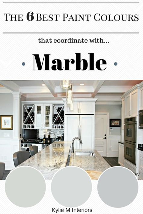 The best paint colours to coordinate with marble countertops or tile in bathroom or kitchen by Kylie M Interiors  Benjamin Moore Fog Mist is another White Glazed Cabinets, Glazed Cabinets, Kylie M Interiors, Best Gray Paint, Best Gray Paint Color, Stonington Gray, Walls Design, White Marble Kitchen, Marble Island