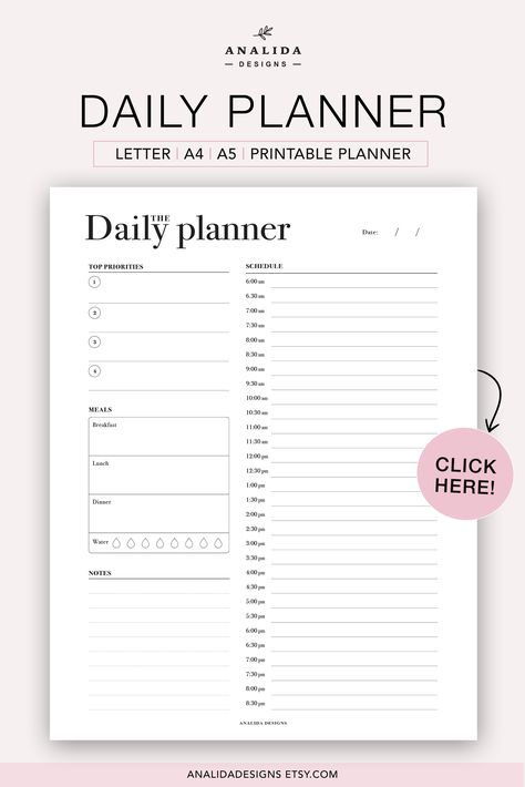 Daily Hourly Planner Insert: Create your ideal day by blocking your time and staying on track with all the things that need your attention. You’ll gain back control in your life and give yourself peace of mind. Start today with this elegant minimalist hourly daily printable planner. #hourlyplanner #timeblocking #dailyplannerpages #todoplanner #printables #dailyplanner Daily Planner Time Blocking, Daily Planner 5am To 10pm, Blank Daily Planner Template, Example Of Daily Planner, Daily Hourly Planner, Block Schedule, Daily Planner Design, A5 Planner Printables, Daily Planner Hourly