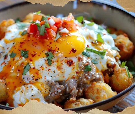 Hearty Tater Tot Breakfast Bowls with Spicy Sausage Gravy Tater Tot Breakfast Bowl With Sausage Gravy, Tater Tot Breakfast Bowl, Ground Sausage Breakfast, Spicy Sausage Gravy, Foil Dinners, Tater Tot Breakfast, Breakfast Meals, Breakfast Bites, Ground Sausage