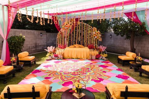 Nital & Vishal's Whimsical Garden Wedding In California Haldi Dance Floor Flex Design, Sangeet Floor Decor, Mehndi Dance Floor Decor, Colorful Haldi Decor, Backyard Haldi Decor, Haldi Dance Floor, Carnival Haldi Decor, Ladies Sangeet Decoration, Haldi Carnival Decor