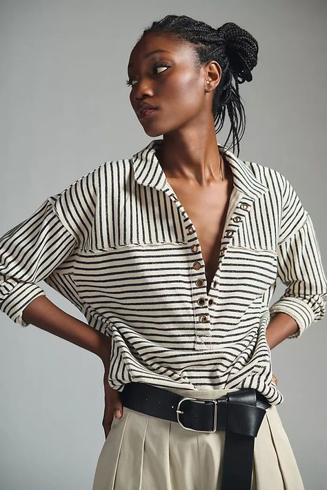 New Women's Clothing for Spring | Anthropologie Flannel Sweatshirt, Batwing Blouse, Fashion Vocabulary, Henley Top, Anthropologie Top, Boho Blouses, Premium Denim, Black Stripes, Pullover Styling