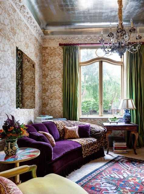 Purple Couch, Purple Sofa, Bohemian Interior, Vintage Living Room, Greenwich Village, Boho Interior, The Ceiling, A Living Room, Eclectic Decor