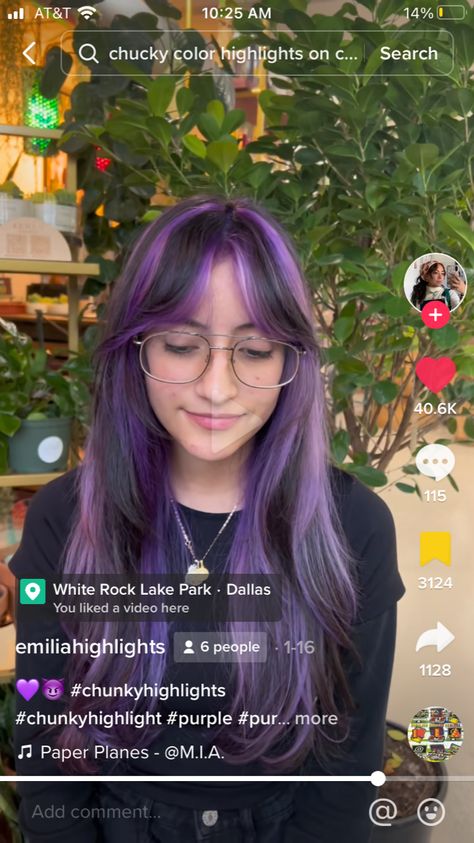 Purple And Black Hair With Bangs, Black And Purple Hair Highlights, Brown Hair With Lilac Highlights, Long Purple Hair With Bangs, Short Purple Braids, Purple Hair Streaks Brown, Chunky Purple Highlights For Brown Hair, Chunky Highlights Color, Purple Chunky Highlights Brown Hair