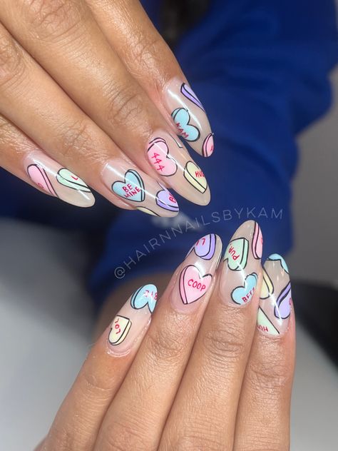 Love Hearts Nails, Almond Acrylic Nails Heart, Valentines Day Nails Designs Almond, Valentines Candy Nails, 90s Valentines Nails, Sweethearts Nails, Pastel Valentines Nails, Valentines Day Nails Funky, Sparkle Heart Nails