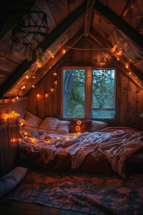 Romantic Treehouse, Aesthetic Attic Room, Attic Room Aesthetic, Attic Bedroom Ideas Aesthetic, Small Attic Bedroom Ideas, Small Attic Bedroom, Cabin Loft, Teenage Girl Room, Bedroom Ideas Aesthetic