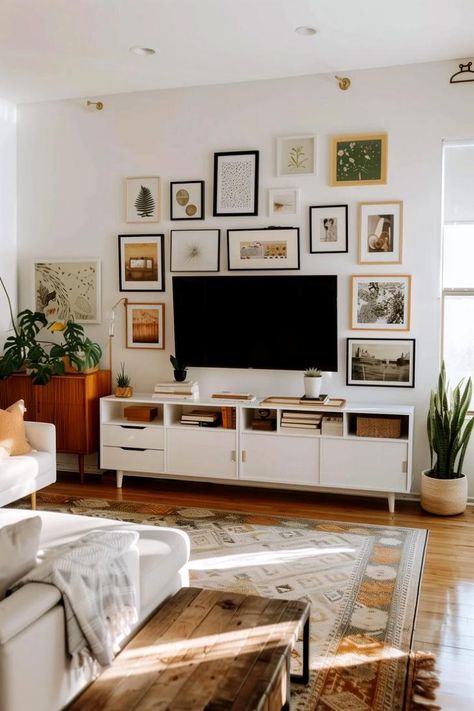 Styling Around Tv Living Rooms, Big Tv On Wall Ideas Living Room, Decor Around Wall Mounted Tv, Next To Tv Wall Decor, How To Decorate Above A Tv, Around The Tv Wall Decor, Small Tv Rooms, Gallery Wall Around Tv Mounted Tv, Over Tv Decor