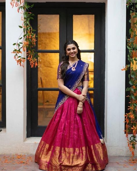 Krithi Shetty's Traditional And Ethnic Look And Outfits Pink Half Sarees, Silk Half Saree, Krithi Shetty, Half Saree Function, Photos Black And White, Lehenga Saree Design, Half Saree Lehenga, Long Gown Design, Saree Poses