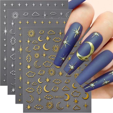 PRICES MAY VARY. 【Star Nail Sticker Set】Gold sliver star nail stickers and moon nail stickers are the perfect fashion accessories.Large number of different patterns for you to use and replace in daily life, nail decals are full of sensuality and elegance, Various charming patterns bring you a different mood. 【Delicate Design】Designed with a starry sky theme, including the sun, stars,moon and cloud.Different pattern designs, perfect for nail salon and home use. The laser process gives the sticker Sun Nails, Star Nail Art, Moon Nails, Nail Art Stickers Decals, Manicure Diy, Manicure Tips, Nail Art Sticker, Clouds Design, Diy Nail Art