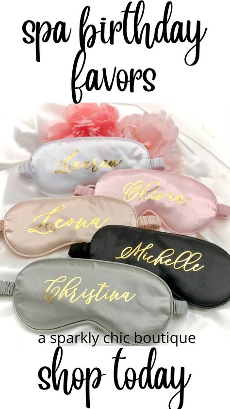 Things to do at a sleepover: pamper yourselves! These personalized, custom satin eye masks make the perfect spa birthday favors! Hand them out at a birthday sleepover or send them home after a spa day with your besties. These eye masks will not disappoint. Satin Eye Mask, Birthday Sleepover, 21st Birthday Shirts, Eye Mask Sleep, Spa Birthday, Sleep Masks, Happy 21st Birthday, Eye Masks, Spa Party