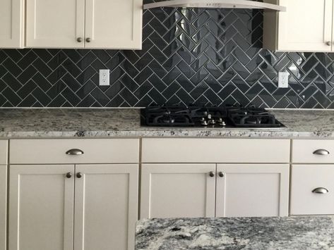 Charcoal Black Herringbone backsplash. Black Herringbone Kitchen Backsplash, Herringbone Backsplash Black Countertop, Black Backsplash Grey Cabinets, White Herringbone Backsplash Dark Cabinets, Herringbone Backsplash Dark Grout, Black Backsplash Kitchen, Black Herringbone Backsplash, Kitchen Herringbone Backsplash, Charcoal Herringbone Backsplash