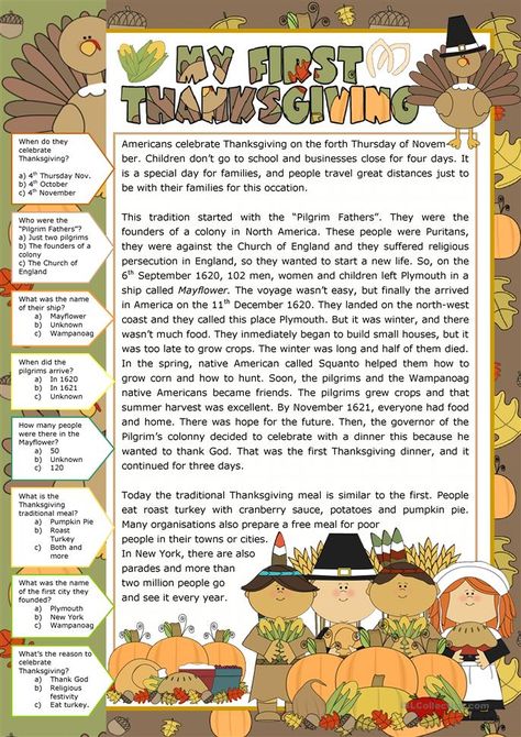 Thanksgiving (I) - English ESL Worksheets for distance learning and physical classrooms Thanksgiving Middle School, Thanksgiving Elementary, Thanksgiving Reading Activities, Thanksgiving Reading Comprehension, Thanksgiving Readings, Thanksgiving History, Thanksgiving Lessons, Thanksgiving Worksheets, First Thanksgiving