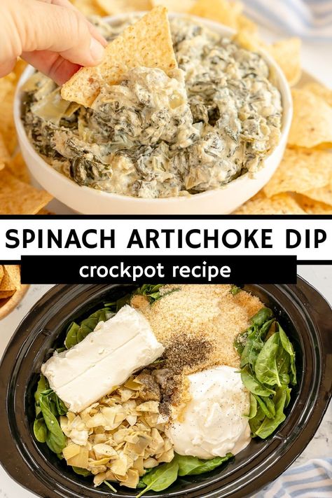 Easy, slow cooker spinach artichoke dip is a hit at every party! This cheesy and delicious, no-mayo version is made right in the crock pot! | www.persnicketyplates.com Gluten Free Dips And Appetizers, Spinach Artichoke Cream Cheese, Crock Pot Spinach Artichoke Dip, Dnd Snacks, Crockpot Spinach Artichoke Dip, Super Bowl Food Dip, Crockpot Dips, Crockpot Spinach, Food Dips