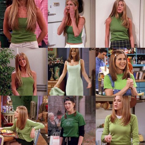 Rachel Summer Outfits, Rachel Friends Tattoo, Rachel Style Friends, Rachel Green Green Outfit, Friends Outfits Inspiration Rachel, 90s Fashion Friends Rachel Green, Outfits From Friends Rachel Green, Rechal Green Style, Rachel Green Outfits 2000s