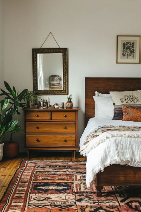 "Elevate your sleep space with the charm of Modern Boho Bedroom Decor! 🛏️🌿 Perfect for those who love a mix of modern and bohemian aesthetics. 🌟✨ #BohoInspiration #BedroomDesign #ModernLiving" Anthropologie Boho Bedroom, Scandinavian Bohemian Bedroom, Western Bohemian Decor, Modern Folk Aesthetic, Mid Century Modern Eclectic Bedroom, Vintage Apartment Bedroom, Tiny Boho Bedroom, Midwestern Decor, Eclectic Modern Bedroom