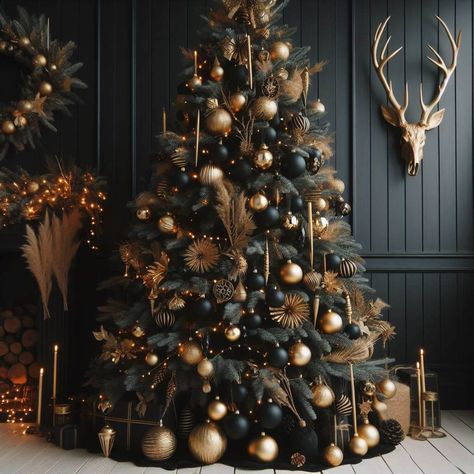 15 Super Elegant Black and Gold Christmas Tree Decor Ideas » HomeDecorFull Black Theme Christmas Decor, Black Decor Christmas Tree, Brown And Black Christmas Tree, Monochrome Christmas Tree, Basement Christmas Decor, Black And Gold Christmas Tree Ideas, Christmas Decor Ideas 2024 Trends Colors, Black Christmas Tree Ideas, Moody Christmas Tree