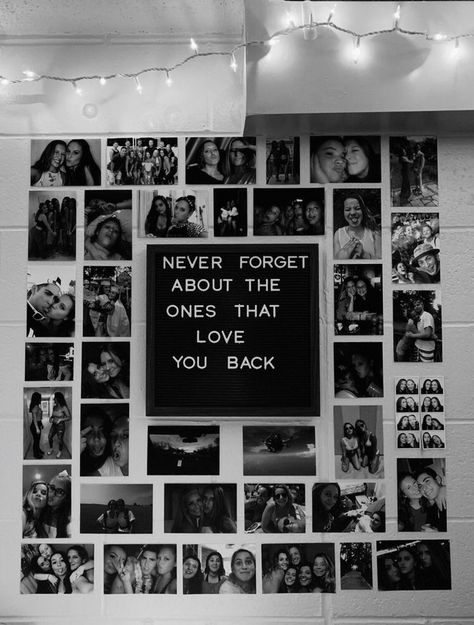 Wall Pictures Ideas Bedroom, Memory Wall Ideas Bedroom, Photo Wall Collage Bedroom Black And White, Photo Wall Collage Memories, Picture Wall Ideas Boyfriend, Aesthetic Wall Decor Bedroom Pictures, Mini Pictures On Wall, Photo Wall Collage Quotes, Collect Memories Not Things Photo Wall