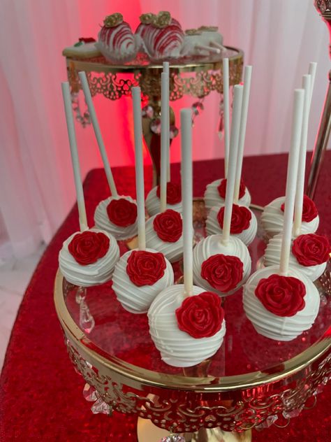 Sweet 16 Decorations Red And Gold, Red And White Cake Pops, Red Treats For Party, Red Quince Main Table, Sweet 16 Decorations Red, Quince Snack Table Ideas, Red Desserts Ideas, Red Birthday Ideas, Red Dessert Table