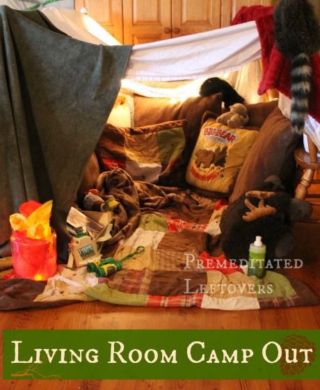 How to Create a Living Room Camp Out for Kids. Fun ideas for creating a camp out in your living room. A fun indoor activity for kids on a rainy day! Inside Camping Ideas For Kids, Camp Out Ideas, Living Room Camping, Camping Inside, Camping Sleepover, Smores Recipe, Indoor Camping Party, Fake Fire, Indoor Camping