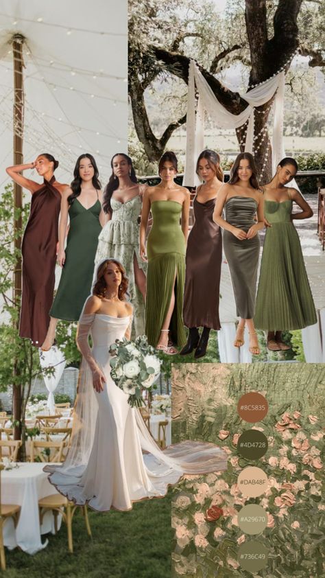 Brown Green Bridesmaid Dresses, A&be Bridal Shop Sacramento, Earthy Bridal Party, Sage Green And Brown Wedding Theme, Wedding Color Schemes Dark Green, Muted Colors Wedding, Brown And Green Bridesmaid Dresses, Woodsy Bridesmaid Dresses, Green And Brown Bridesmaid Dresses