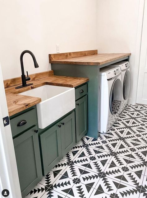 Laundry Room Closet Style Laundry Room, Saltillo Tile Laundry Room, Green Gold Laundry Room, Black White And Green Laundry Room, Laundry Room New Build, Half Bath Half Laundry Room, Ranch Style Laundry Room, Country Chic Laundry Room, Green Farmhouse Laundry Room