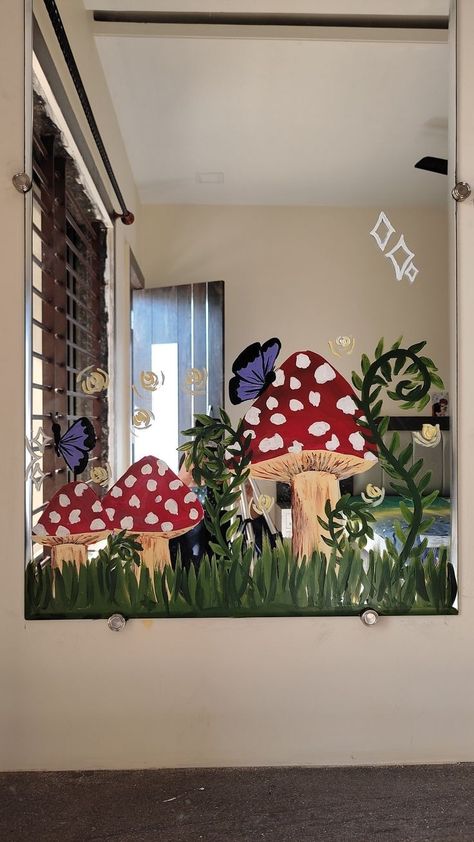 Aesthetic Painting On Mirror, Mushroom Painting Mirror, Mirror Design Painting, Draw On Mirror Ideas, Long Painted Mirror, Mushroom Painted Mirror, Painted Mirrors Aesthetic, Drawings On Mirrors Ideas, Painting Ideas On Mirrors